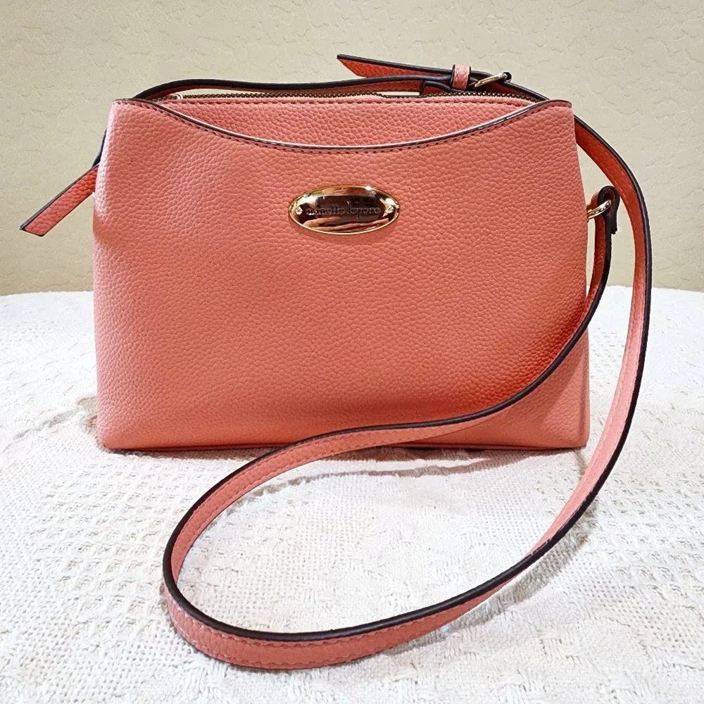 Nanette Lepore Peach Pink Three Pocket Dressy Gold Accent Crossbody Bag Purse